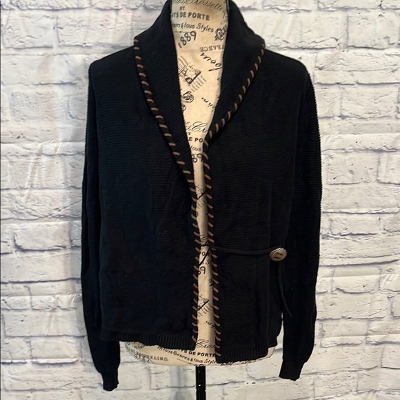 LRL Wrap Cardigan Sweater Linen Blend Concho Button Faux Leather Trim Size XS - Picture 1 of 12